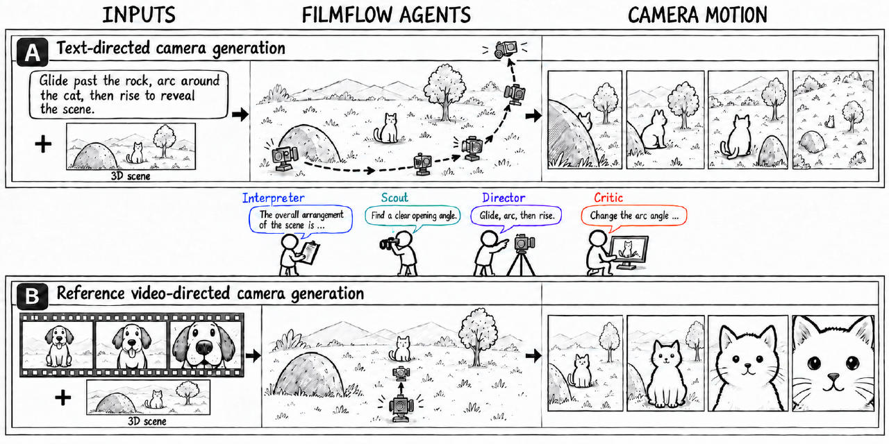 Figure from the paper: A flowchart showing camera generation pipeline with storyboard panels, characters, and camera paths