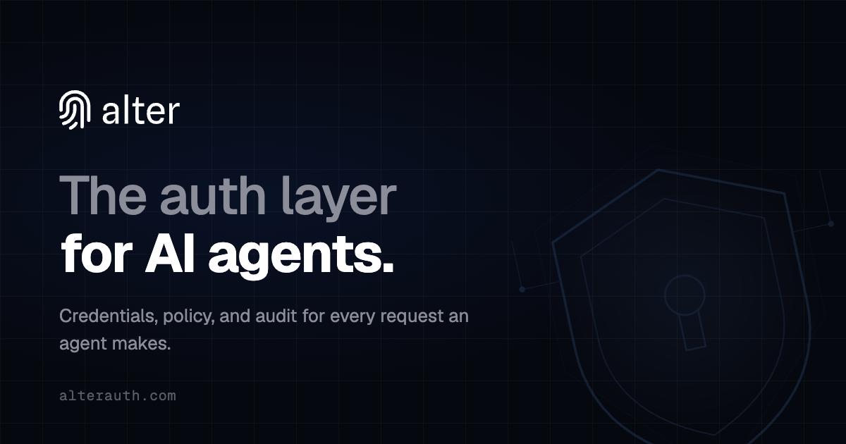 Alter's interface shows an agent request being checked against policy, approved, and logged with a tamper-evident audit trail.